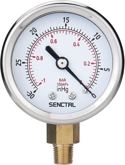SENCTRL 30inHg Vacuum Pressure Gauge, 1/8 NPT Lower Mount, Waterproof, by senctrl