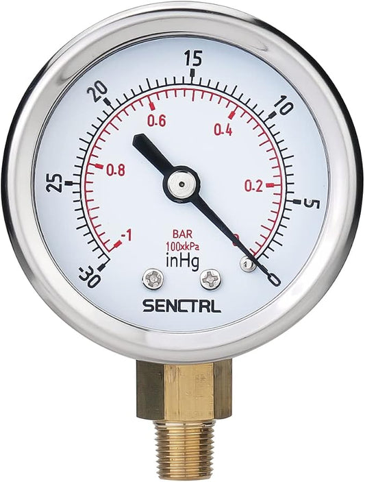 SENCTRL 30inHg Vacuum Pressure Gauge, 1/8 NPT Lower Mount, Waterproof, by senctrl