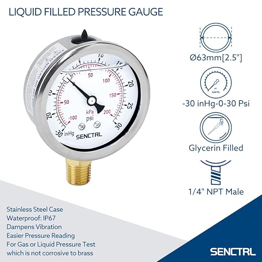 SENCTRL 30 inHg to 30 Psi Vacuum Glycerin Liquid Filled Low Pressure Gauge - Image 2