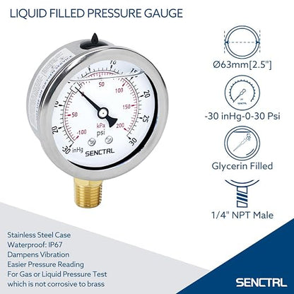 SENCTRL 30 inHg to 30 Psi Vacuum Glycerin Liquid Filled Low Pressure Gauge - Image 2