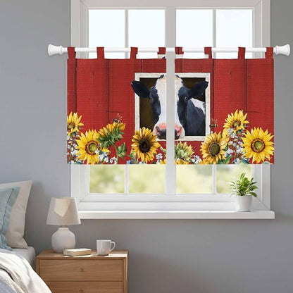 Cow Sunflowers Kitchen Curtains 24 Inch Length, Small Window Curtains Tab Top - Image 9