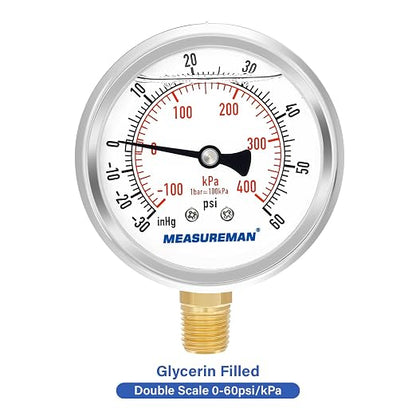 MEASUREMAN 2-1/2" Dial Size, Glycerin Filled Pressure Gauge, 30inHG-60psi - Image 3