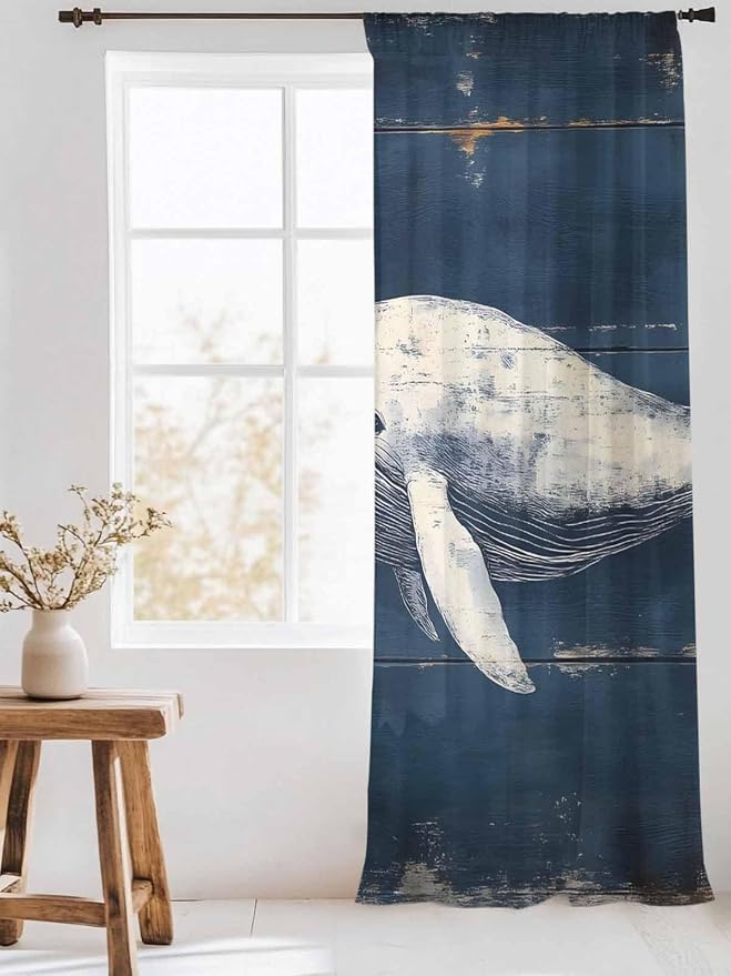 Sheer Curtains 84 Inches Long, Ocean Vintage Whale Semi Sheer Curtains Light - Image 3