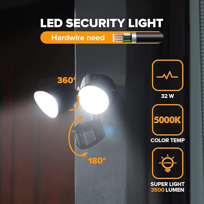 UME 2 Pack 32W 3500 Lumen LED Security Lights Motion Sensor Light Outdoor, 5000K Daylight, IP65 Waterproof, Dusk to Dawn, Motion Detector Flood Light for Garage, Yard, Porch-Black