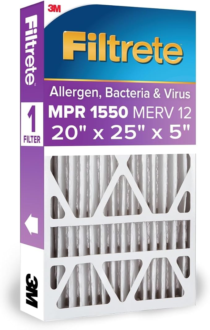 Filtrete 20x25x5 AC Furnace Air Filter, MPR 1550, MERV 12, Fits Trion AirBear by Filtrete