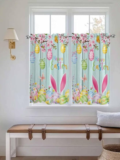 Happy Easter Tier Curtains 45 Inches Long, Spring Bunny Eggs Flower Teal Wood - Image 4