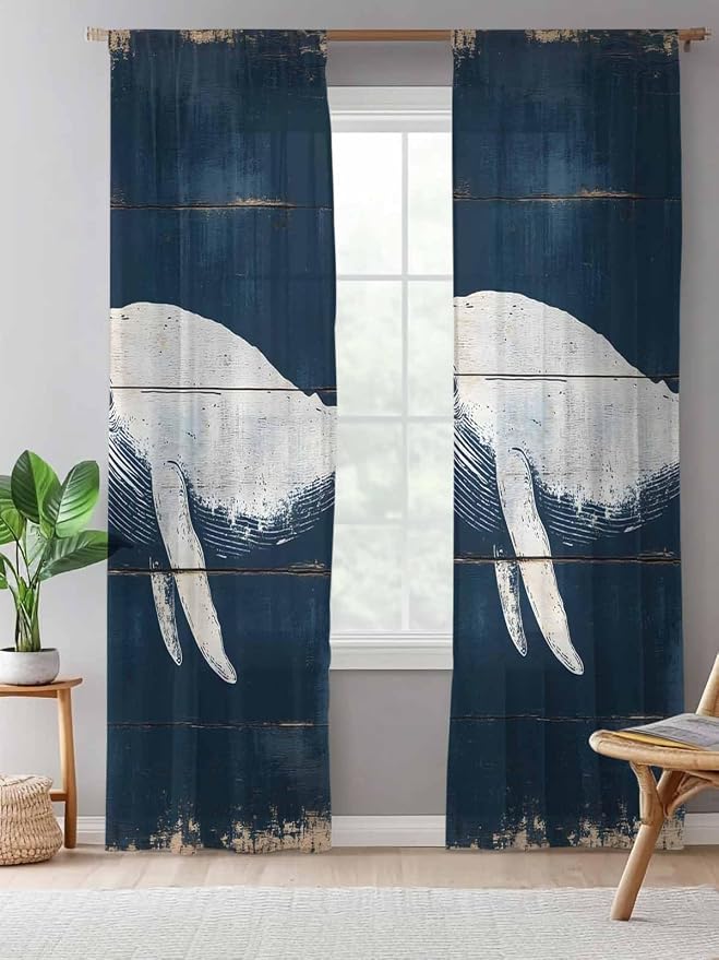 Sheer Curtains 96 Inches Long, Ocean Whale Blue Semi Sheer Curtains Light - Image 5