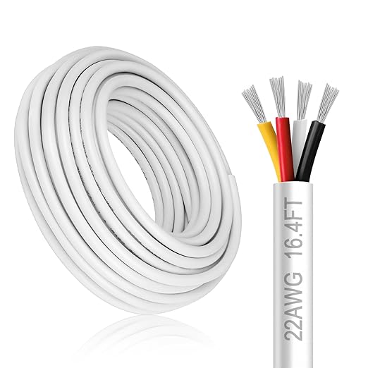 22 Gauge 4 Conductor Electrical Wire, 16.4FT White Stranded Low Voltage 22/4 Cable PVC Case, 22 AWG Tinned Copper 4 Wire Extension Power Cable for LED Lamp Lighting, Automotive