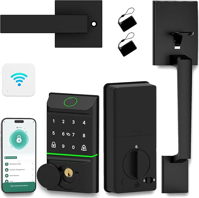 CINOP Smart Locks for Front Door with Handle Set, App Control, WiFi Front Door Lock Electronic Screen+WiFi Gateway, Keyless Entry Door Lock Fingerprint Deadbolt, Auto Lock (Black)
