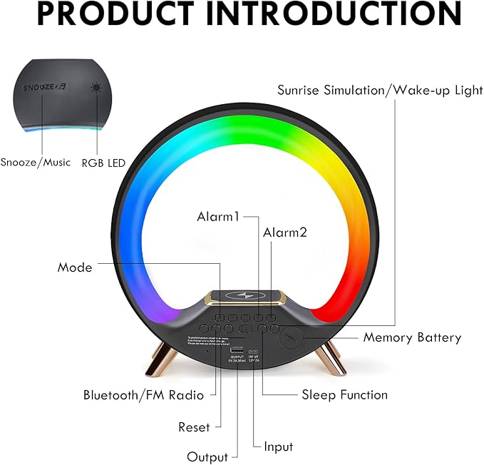 GuDoQi Sunrise Alarm Clock with Fast Wireless Charger Station and Bluetooth, Full Screen with Sunrise Simulation Light, Sleep Aid, Dual Alarms, FM Radio, 10 Colors Nightlight for Bedroom, Black