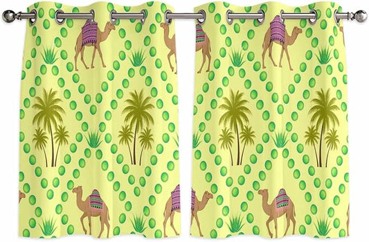 2 Panel Kitchen Cafe Curtains, Desert Sand Camels Sunlight Filtering Nature Air by Hokiten