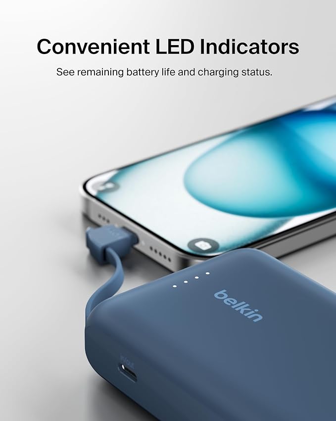 Belkin Portable Charger, Portable Power Bank with Integrated Cable 10000 mAh 20W - Fast Charge USB C Power Delivery - iPhone 17, Air, Pro, Pro Max, iPad, AirPods, Apple Watch, Galaxy S25, etc. - Blue
