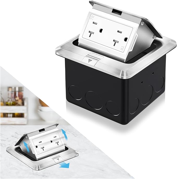 Vagueior Recessed Floor Electrical Outlet Kit,Waterproof Electrical Outlet Covcer Box,Hidden 20A Tamper-Resistant Receptacle Outlet with Slow Elastic Damping，ETL Certified,Silver (1 Pack)