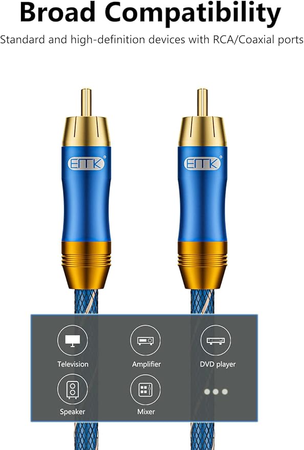 EMK Subwoofer Cable (3.3 ft/1m) -Digital Coaxial/Subwoofer Cable Dual Shielded with Gold Plated RCA to RCA Connectors -Top Blue Series