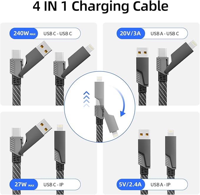 Firsting 4 in 1 Charging Cable 240W MAX, USB C Cable Fast Charger Cord with E-Mark Chip, USB A/C to C/Lightning Cable, Multi iPhone Charger Cord for iPhone16/15/14/13 Series/Phones/Pads and Laptop