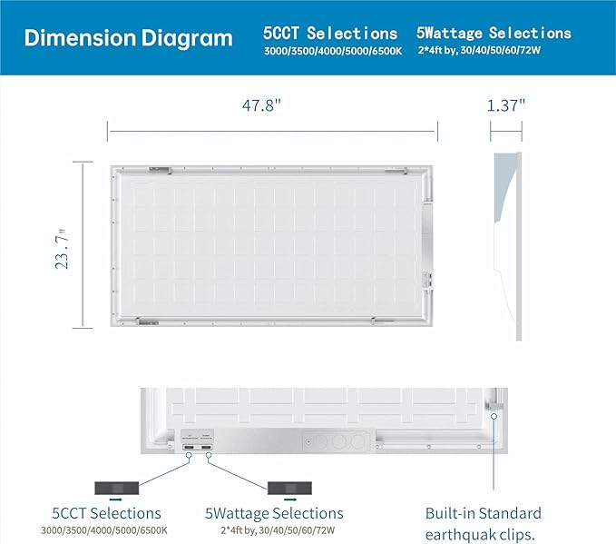 2x4 FT LED Light Flat Panel, 40-72W, 5 CCT 3K | 3.5k | 4K | 5K | 6.5K, Dimmable Recessed Drop Ceiling Lights, 3750/5000/6250/7500/9000 Lumens, Lay in Fixture for Office, 120-277V, UL DLC (4 Pack)