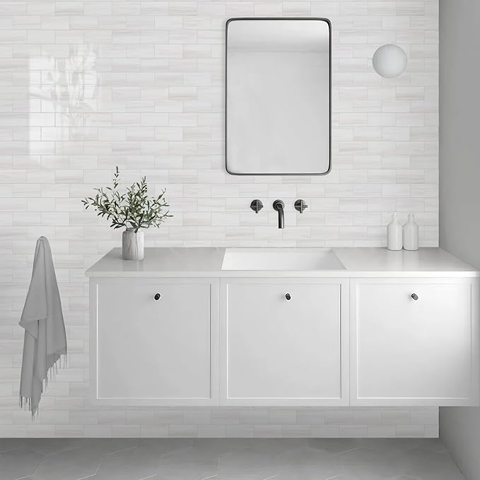 Vamos Tile 4-Piece Glossy Dolomite White Peel and Stick Backsplash Tile,3''x6'' PVC Subway Tile with White Grout, Stick on Backsplash for Kitchen/Bathroom/Fireplace