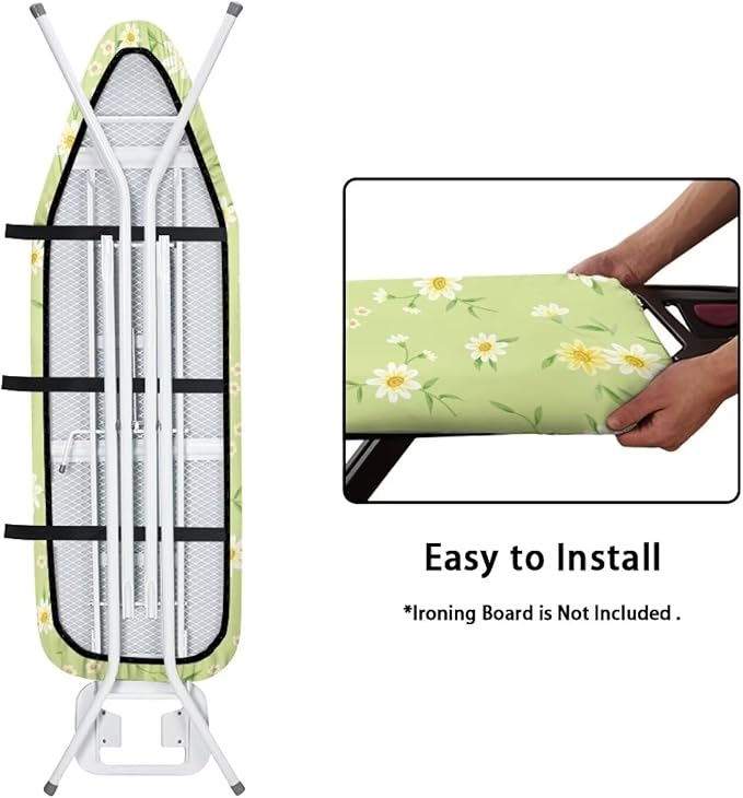 ZCFYGDX Fresh White Daisy Print Ironing Board Cover, Resist Scorching & Staining, Easy to Install Resistant Elastic Edges, 3 Nylon Buckle Straps Fasteners, Protective Scorch Cloth Covers Size-2XL