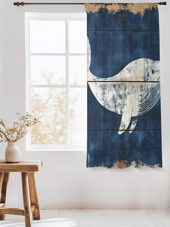 Sheer Curtains 72 Inches Long, Ocean Whale Blue Semi Sheer Curtains Light - Image 3