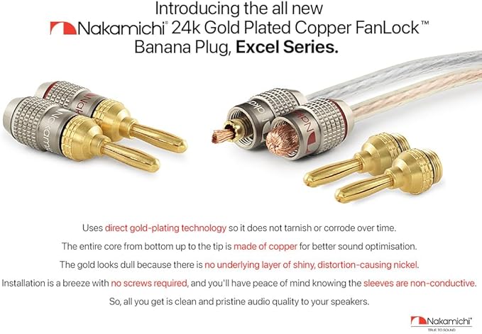 Nakamichi FanLock Excel Series 24k Gold Plated Banana Plugs 10 AWG - 18 AWG Gauge Size 4mm for Speakers Amplifier Hi-Fi Stereo Home Theatre Radio Audio Wire Cable Quick Connector 2 Pcs (1-Pair)