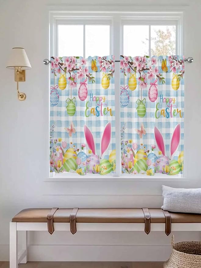 Happy Easter Kitchen Curtains 45 Inches length, Spring Watercolor Bunny Eggs - Image 4
