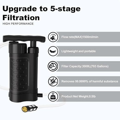 Portable Water Filter Pump, 0.01 Micron Manual Survival Water Purifier - Image 2