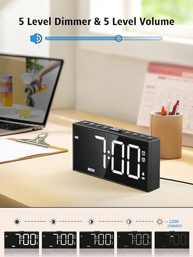 PPLEE Loud Alarm Clock for Heavy Sleepers,Dual Vibrating Alarm Clock with 3-level Vibration for Hearing-impaired Deaf,Weekday/Everyday Mode,5 Dimmer,5 Volume,Large Numbers,USB Charger,Power-off Memory