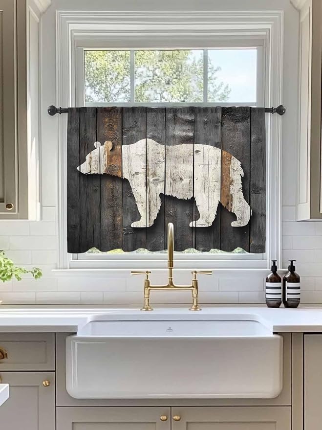 Sheer Curtains 45 Inch Length, Vintage White Brown Bear Semi Sheer Curtains - Image 3