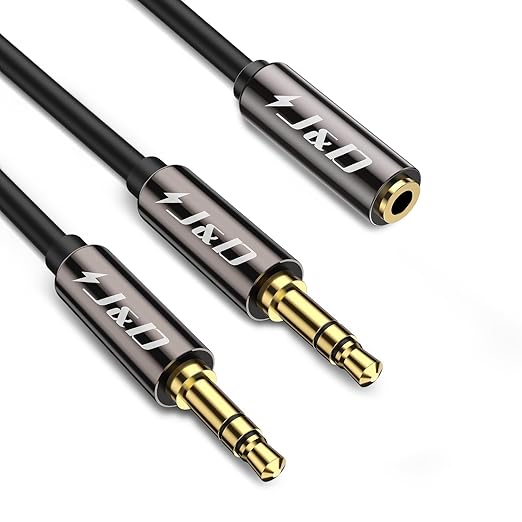 J&D 1/8 Inch TRS Stereo Y Splitter Cable, Gold Plated Copper Shell 3.5mm Female to Dual Male Adapter, Only Suitable for Switching, 0.65 Feet