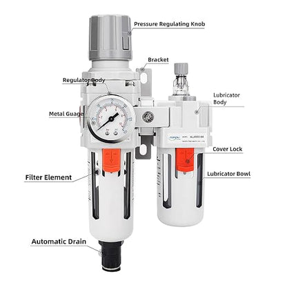 NANPU 1/2" NPT Auto-Drain Air Filter Regulator Lubricator Combo Water/Oil Trap - Image 2