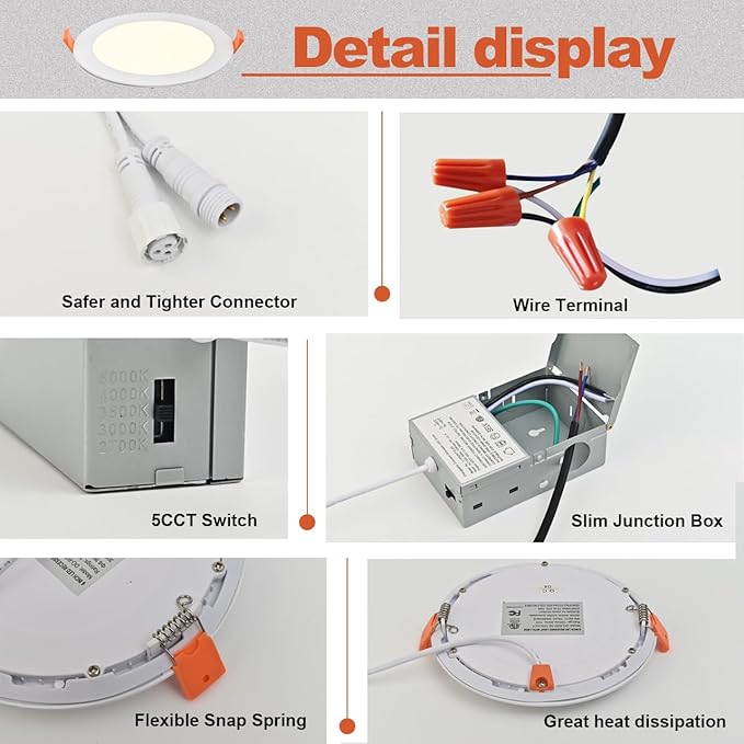 MKUJOO 72 Pack 4 Inch Ultra-Thin LED Recessed Ceiling Light with Junction Box,Panel Light,Daylight, 9.5W,2700K/3000K/3500K/4000K/5000K Selectable Dimmable Downlight ETL&FCC&CE Energy Star Certified