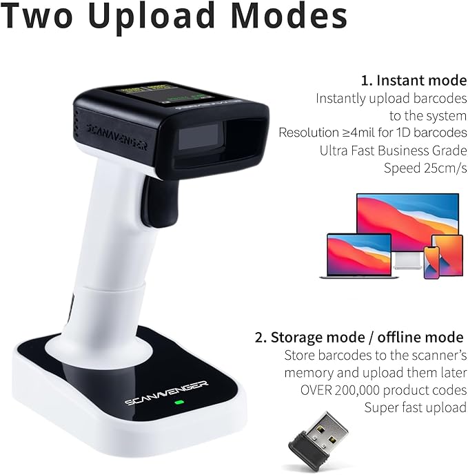 ScanAvenger Wireless Portable 1D with Stand Bluetooth Barcode Scanner: Hand Scanner 3-in-1, Cordless, Rechargeable Scan Gun for Inventory (1D&2D with LCD Display and Upgraded Next Gen Stand)