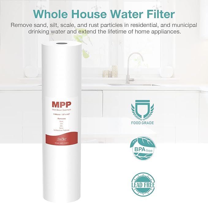SimPure Sediment Water Filters, 5 Micron 20" x 4.5" Whole House Water Filter - Image 5