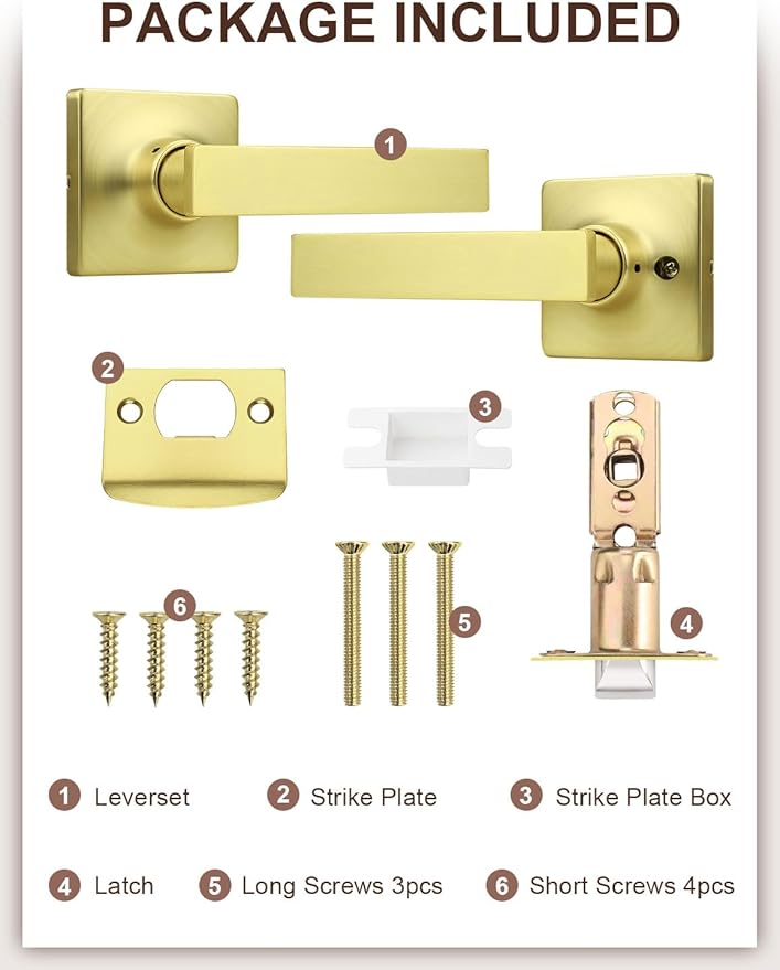Mengico 5 Pack Passage Door Levers Gold Finish, No-Locking Keyless Square Door Knob, Interior Door Handles for Closet and Hallway, Reversible for Left & Right Handed