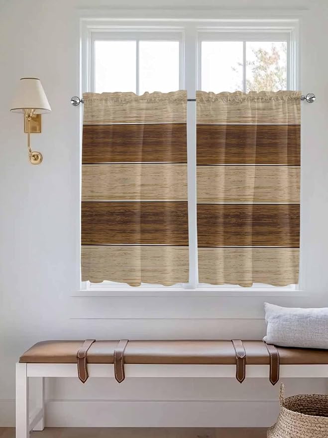Retro Country Brown Wooden Board Window Valance Curtains, Farmhouse Gradient by IDOWMAT