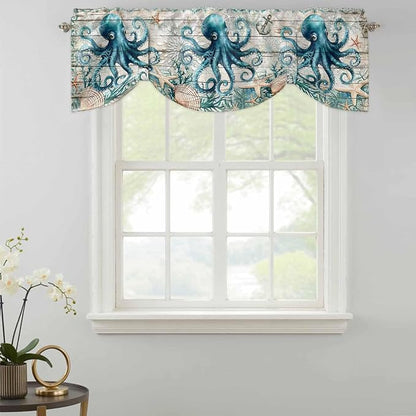 Sea Octopus Ocean Starfish Tie Up Valance Curtains, Nautical Anchor Vintage - Image 2