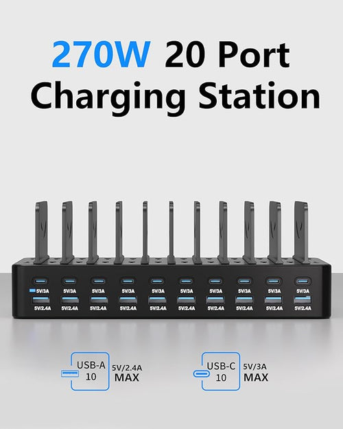 270W Charging Station for Multiple Devices, 20-Port USB Fast Charging Station with Adjustable Dividers & 10 Cables, Multi Device Organizer Charging Dock for iPhone, iPad, Tablets & More