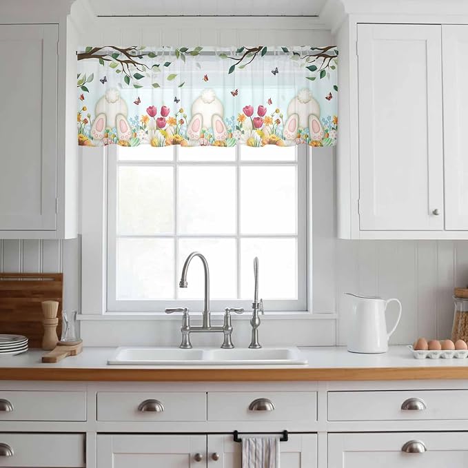 Easter Sheer Valances for Windows 42"x12", Light Filtering Kitchen Curtains - Image 3