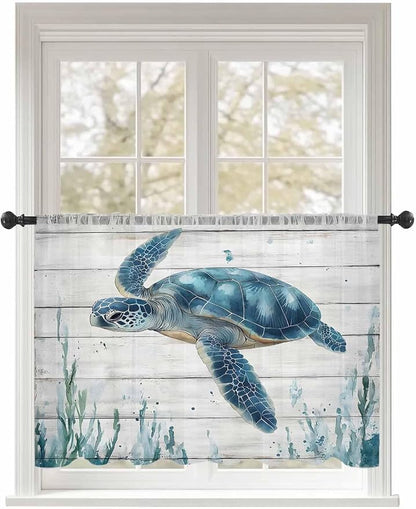 Sheer Curtains 45 Inch Length, Teal Green Ocean Turtle Semi Sheer Curtains by Unknown