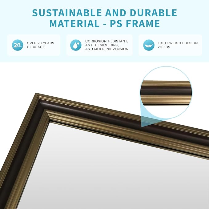 Retro Copper Effect Framed Wall Mirror, 30x48 Rectangle Mirror, Anti-desilvering Tempered Glass, Sustainable&Sturdy Frame, Anti-Rust, HD Reflection &3min Fast Setup for Bathroom Living Room