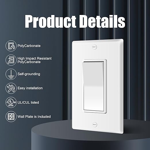 ThunderWay 3 Way Decorator Light Switch with Wall Plates, 15A 120/277V Decora Three Way Electrical Wall Paddle Rocker Switches Replacement, Residential Grade, UL Listed, Glossy White(10 Pack)