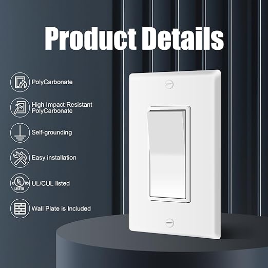 ThunderWay Single Pole Decorator Wall Light Switch with Wall Plate, 15A 120V/277V, On/Off Paddle Switch, Residential Grade - UL Listed, White (20)