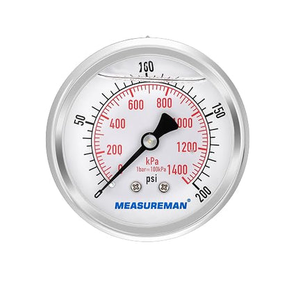 MEASUREMAN 2-1/2inch Dial Size, Glycerin Filled Pressure Gauge, 0-200psi/kpa by MEASUREMAN