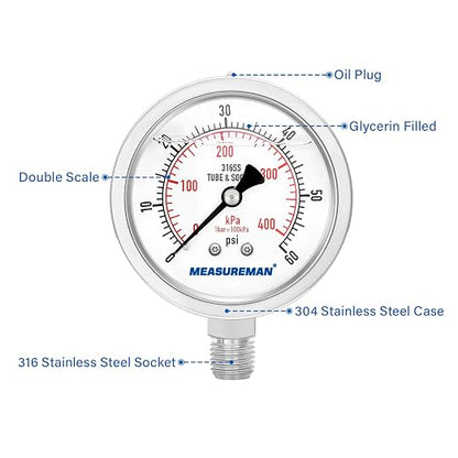MEASUREMAN Fully Stainless Steel Hydraulic Glycerin Filled Pressure Gauge - Image 3