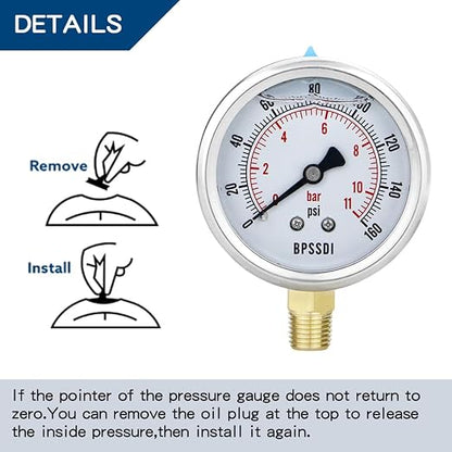 0-160 Psi Glycerin Liquid Filled Low Pressure Gauge, 2.5" Dial Size, 1/4" NPT - Image 4