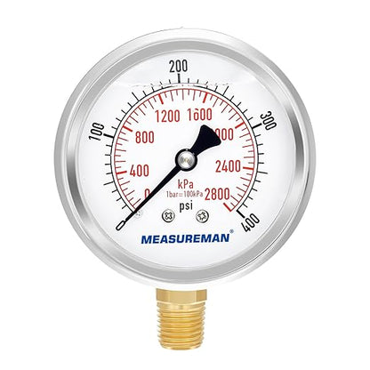 MEASUREMAN 2-1/2" Dial Size, Glycerin Filled Pressure Gauge, 0-400psi/2800kpa by MEASUREMAN