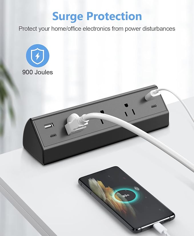 Desk Clamp Power Strip,40W Fast Charging Station,Desktop Mount Surge Protector,2 PD 20W USB C Ports,3 Outlets for Home,Office,Fit 1.9" Tabletop Edge (Black, 3 Outlets & 4 USB Ports & 15 FT Cable)