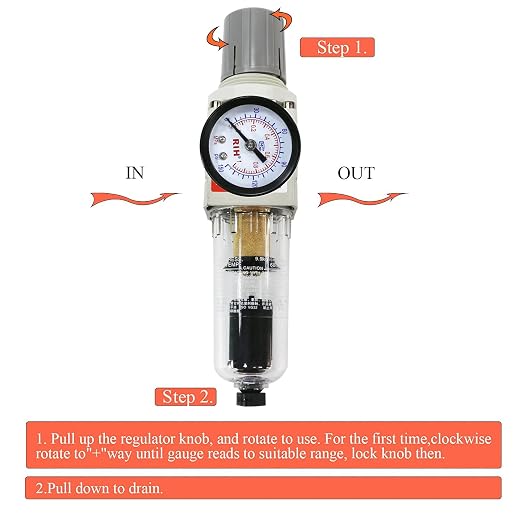 RIH 1/4" NPT Auto Drain Compressed Air Filter Regulator Combo Piggyback - Image 5