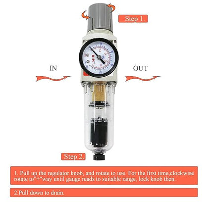 RIH 1/4" NPT Auto Drain Compressed Air Filter Regulator Combo Piggyback - Image 5