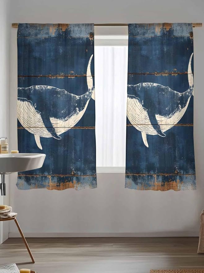 Sheer Curtains 72 Inches Long, Summer Whale Blue Semi Sheer Curtains Light - Image 5